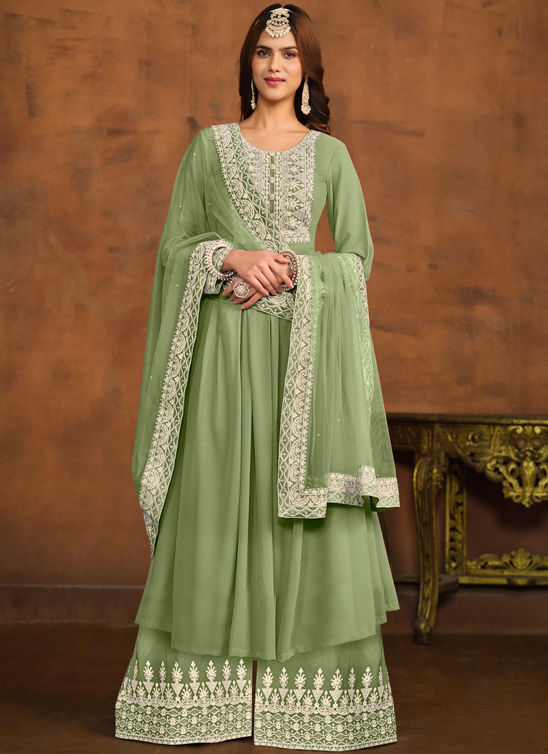 Pista Green Faux Georgette Thread Embroidered Casual Salwar Kameez