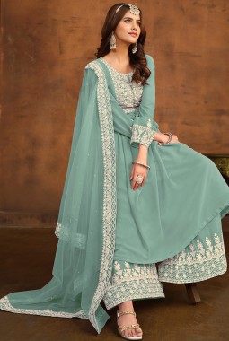 Blue Faux Georgette Sequins Embroidered Casual Salwar Kameez