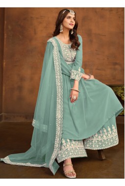 Blue Faux Georgette Sequins Embroidered Casual Salwar Kameez