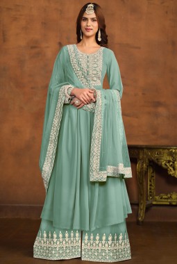 Blue Faux Georgette Sequins Embroidered Casual Salwar Kameez