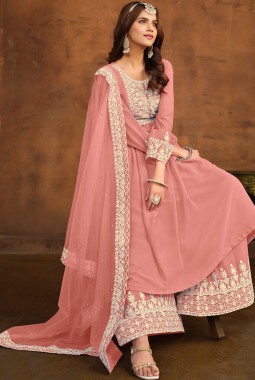 Peach Faux Georgette Thread Embroidered Casual Salwar Kameez