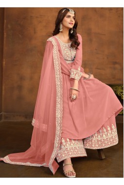 Peach Faux Georgette Thread Embroidered Casual Salwar Kameez
