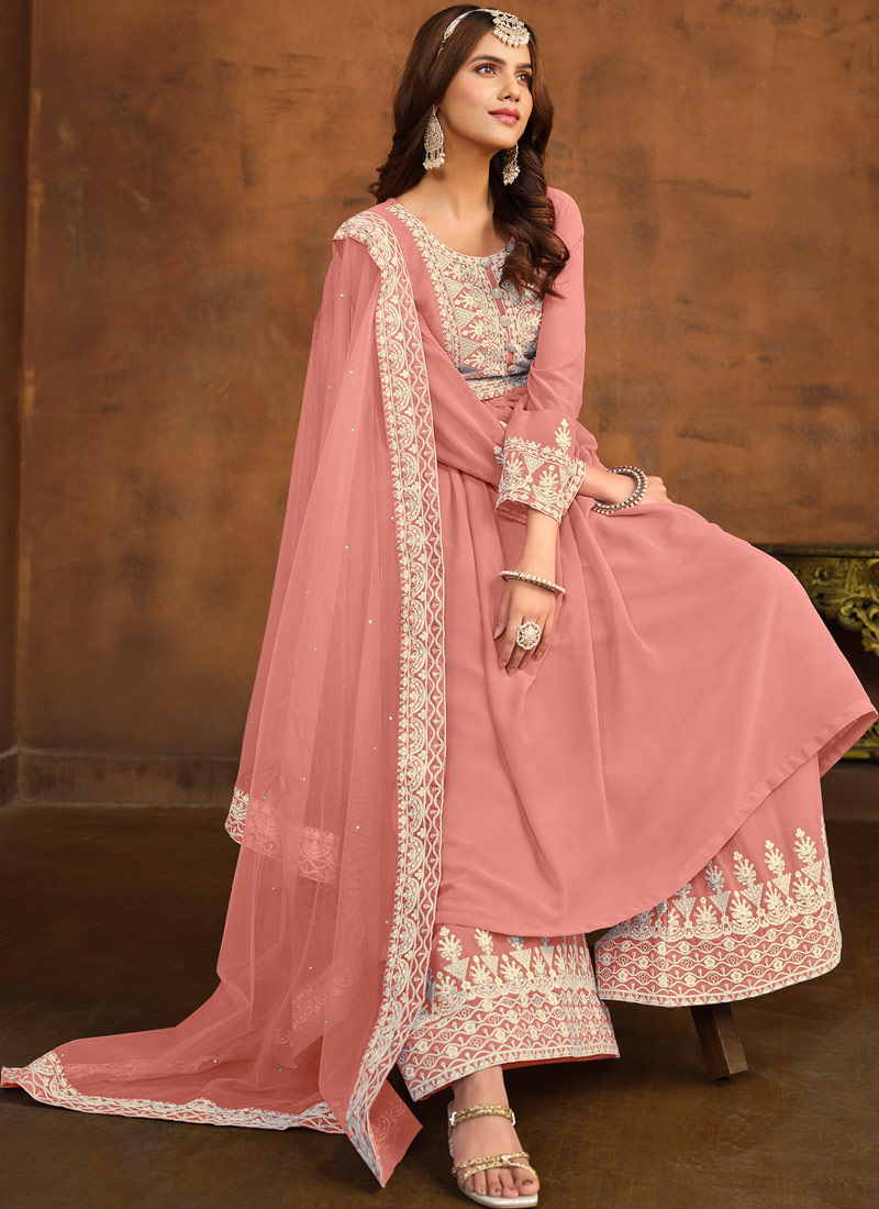 Peach Faux Georgette Thread Embroidered Casual Salwar Kameez