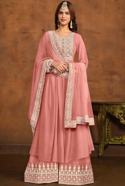Peach Faux Georgette Thread Embroidered Casual Salwar Kameez