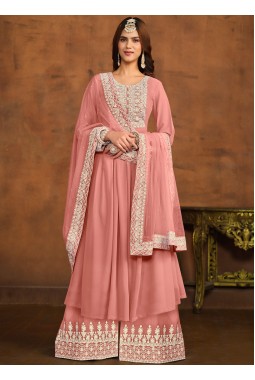 Peach Faux Georgette Thread Embroidered Casual Salwar Kameez