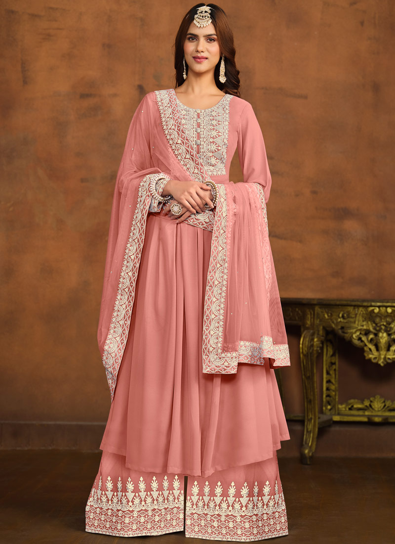 Peach Faux Georgette Thread Embroidered Casual Salwar Kameez