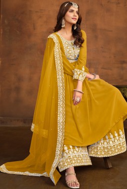 Mustard Faux Georgette Sequins Embroidered Casual Salwar Kameez