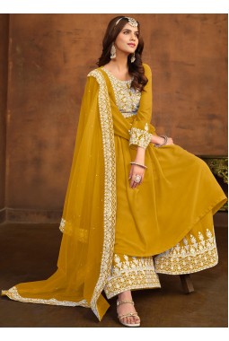 Mustard Faux Georgette Sequins Embroidered Casual Salwar Kameez