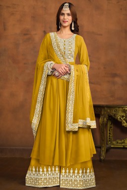 Mustard Faux Georgette Sequins Embroidered Casual Salwar Kameez
