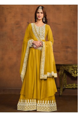 Mustard Faux Georgette Sequins Embroidered Casual Salwar Kameez