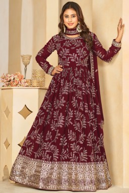 Maroon Faux Georgette Sequins Embroidered Wedding Salwar Kameez