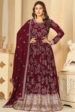 Maroon Faux Georgette Sequins Embroidered Wedding Salwar Kameez