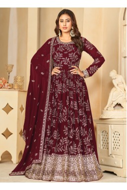 Maroon Faux Georgette Sequins Embroidered Wedding Salwar Kameez