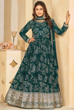 Teal Faux Georgette Thread Embroidered Wedding Salwar Kameez
