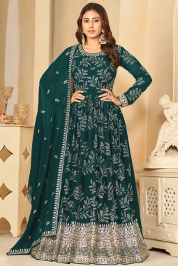 Teal Faux Georgette Thread Embroidered Wedding Salwar Kameez
