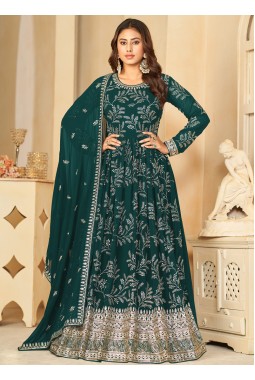 Teal Faux Georgette Thread Embroidered Wedding Salwar Kameez
