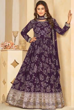 Purple Faux Georgette Sequins Embroidered Wedding Salwar Kameez