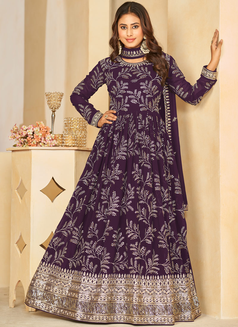 Purple Faux Georgette Sequins Embroidered Wedding Salwar Kameez