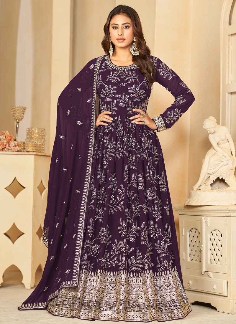 Purple Faux Georgette Sequins Embroidered Wedding Salwar Kameez