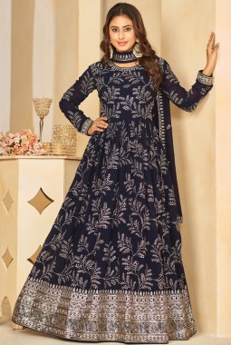 Navy Blue Faux Georgette Thread Embroidered Wedding Salwar Kameez