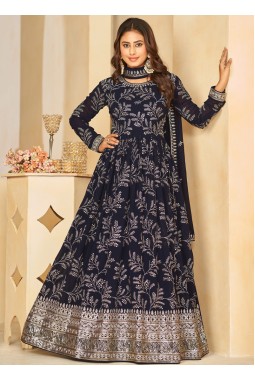 Navy Blue Faux Georgette Thread Embroidered Wedding Salwar Kameez