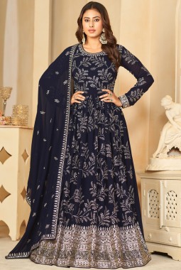 Navy Blue Faux Georgette Thread Embroidered Wedding Salwar Kameez