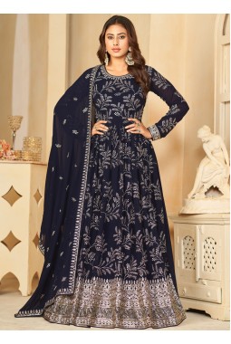 Navy Blue Faux Georgette Thread Embroidered Wedding Salwar Kameez
