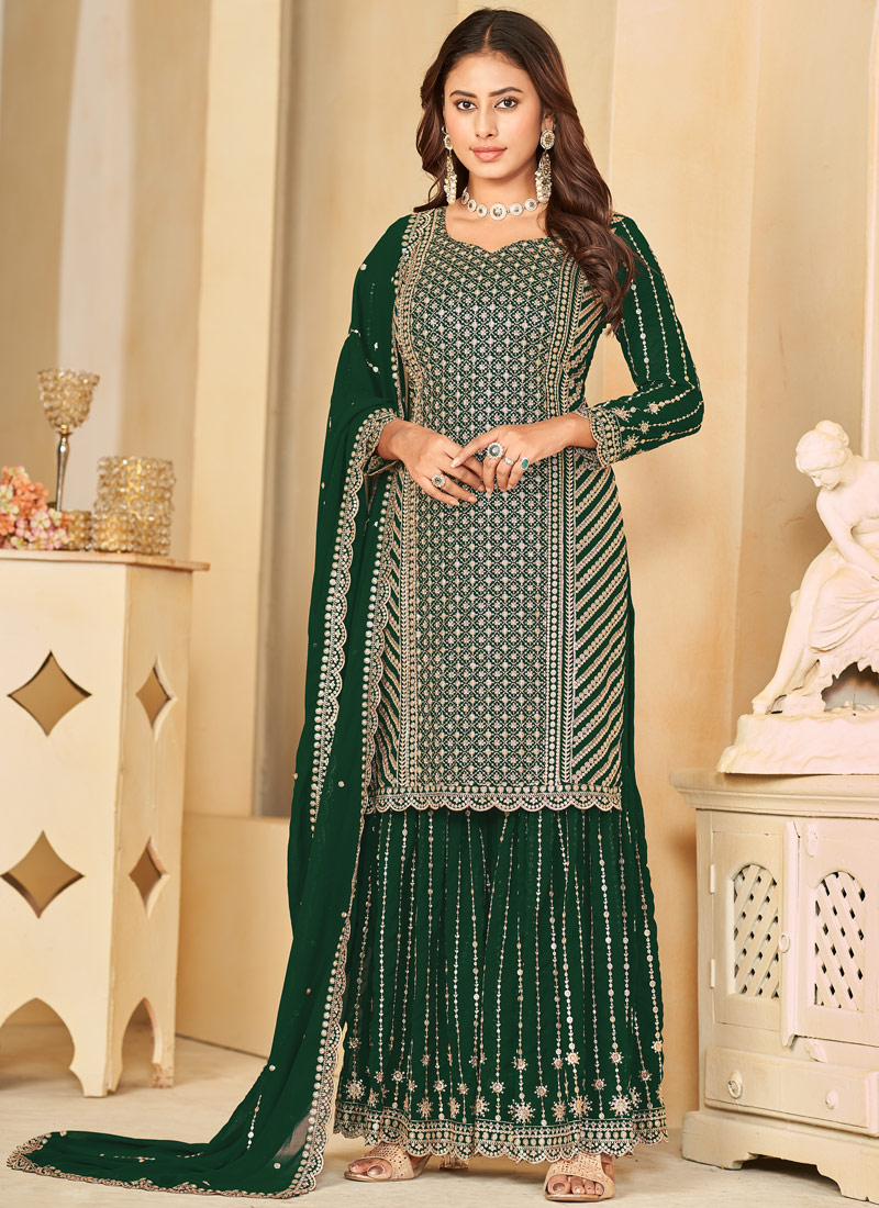 Green Faux Georgette Sequins Wedding Salwar Kameez