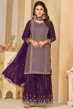 Purple Faux Georgette Embroidered Wedding Salwar Kameez
