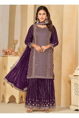 Purple Faux Georgette Embroidered Wedding Salwar Kameez