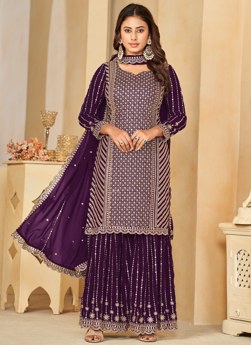 Purple Faux Georgette Embroidered Wedding Salwar Kameez