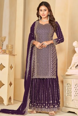 Purple Faux Georgette Embroidered Wedding Salwar Kameez