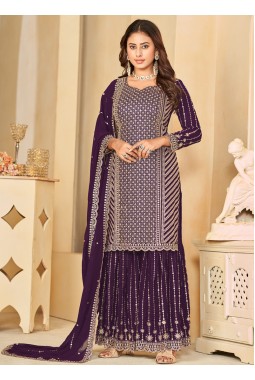 Purple Faux Georgette Embroidered Wedding Salwar Kameez