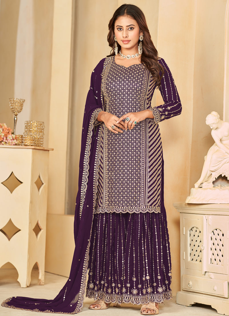 Purple Faux Georgette Embroidered Wedding Salwar Kameez