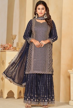 Navy Blue Faux Georgette Sequins Embroidered Wedding Salwar Kameez
