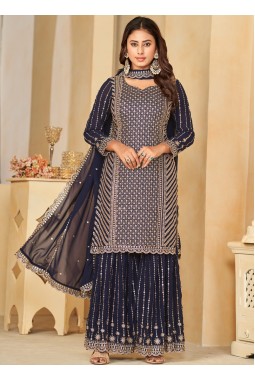 Navy Blue Faux Georgette Sequins Embroidered Wedding Salwar Kameez