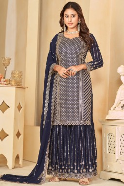 Navy Blue Faux Georgette Sequins Embroidered Wedding Salwar Kameez