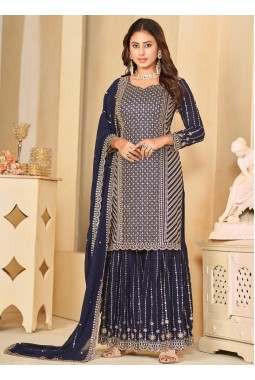 Navy Blue Faux Georgette Sequins Embroidered Wedding Salwar Kameez
