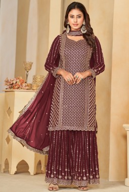 Maroon Faux Georgette Embroidered Wedding Salwar Kameez