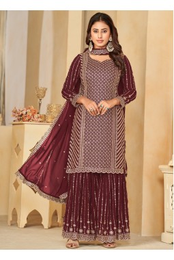 Maroon Faux Georgette Embroidered Wedding Salwar Kameez