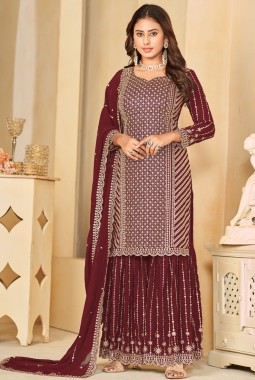 Maroon Faux Georgette Embroidered Wedding Salwar Kameez