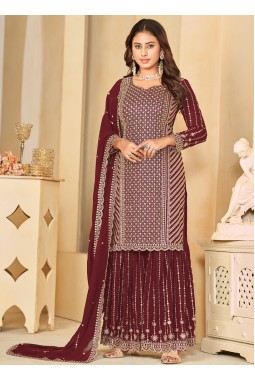 Maroon Faux Georgette Embroidered Wedding Salwar Kameez