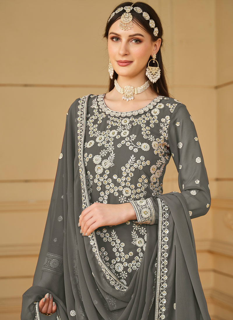 Grey Faux Georgette Sequins Embroidered Festival wear Sharara Set