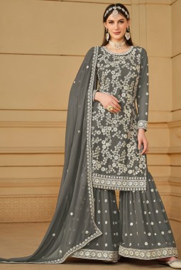 Grey Faux Georgette Sequins Embroidered Festival wear Sharara Set