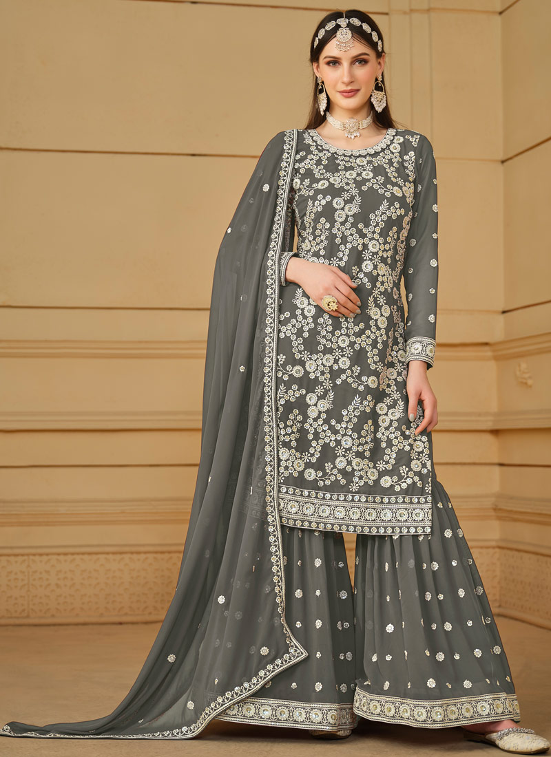 Grey Faux Georgette Sequins Embroidered Festival wear Sharara Set