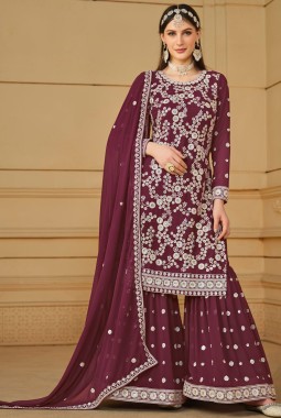 Maroon Faux Georgette Thread Embroidered Festival wear Sharara Set