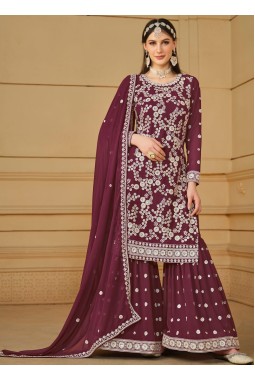 Maroon Faux Georgette Thread Embroidered Festival wear Sharara Set