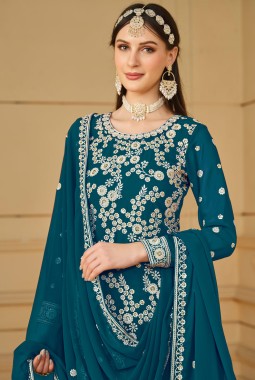 Blue Faux Georgette Sequins Embroidered Festival Wear Sharara Set