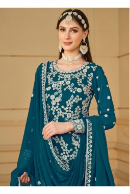 Blue Faux Georgette Sequins Embroidered Festival Wear Sharara Set