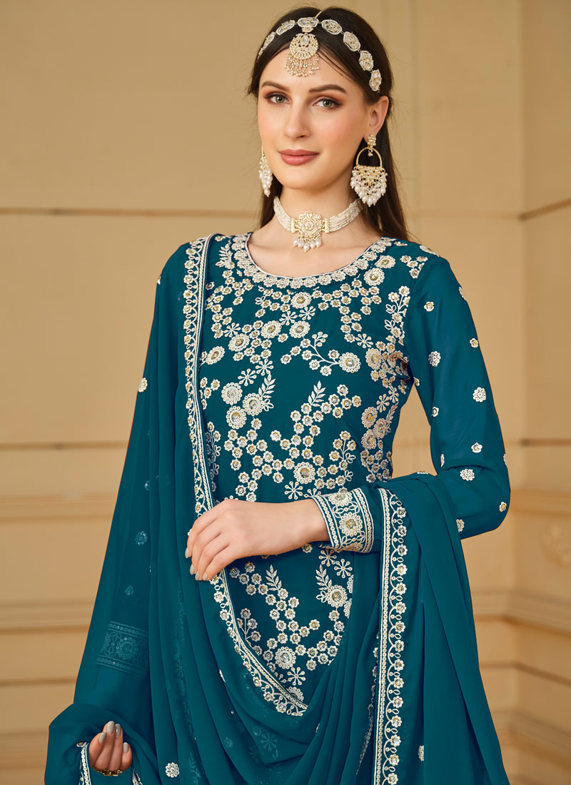 Blue Faux Georgette Sequins Embroidered Festival Wear Sharara Set